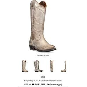 FRYE Billy Daisy Pull-On Leather Western Boots in Light Metallic Gold, sz 7